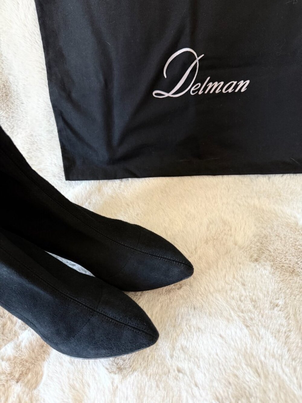 Worn Once! Delman Black Suede Knee-High Boots with Pointed Toe - Picture 6 of 13